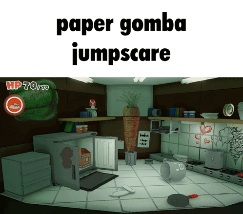 A Picture Of A Kitchen With The Words Paper Gomba Jumpscare On Top GIF