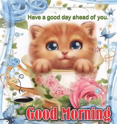 A Picture Of A Kitten In A Teacup With The Words " Have A Good Day Ahead Of You " GIF