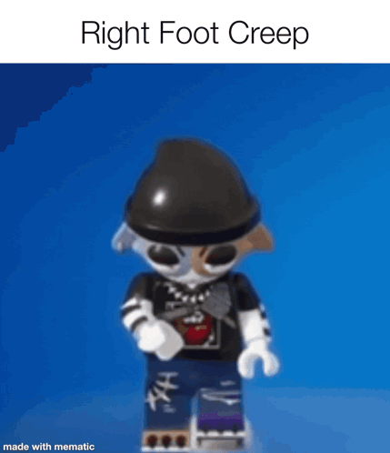 A Picture Of A Lego Figure With The Words Right Foot Creep Above It GIF