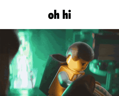 A Picture Of A Lego Man Reading A Book With The Words Oh Hi Above Him GIF