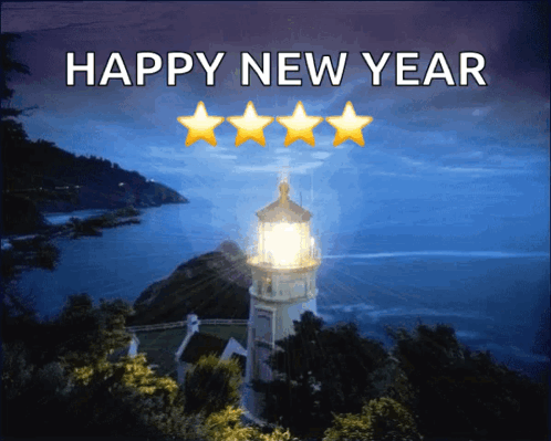 A Picture Of A Lighthouse With The Words Happy New Year GIF