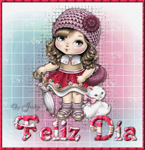 A Picture Of A Little Girl Holding An Umbrella And A Cat With Feliz Dia Written On The Bottom GIF