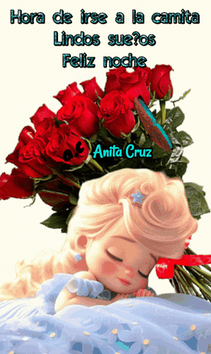 A Picture Of A Little Girl Sleeping Next To A Bouquet Of Red Roses And The Words Hora De Irse A La Camita GIF