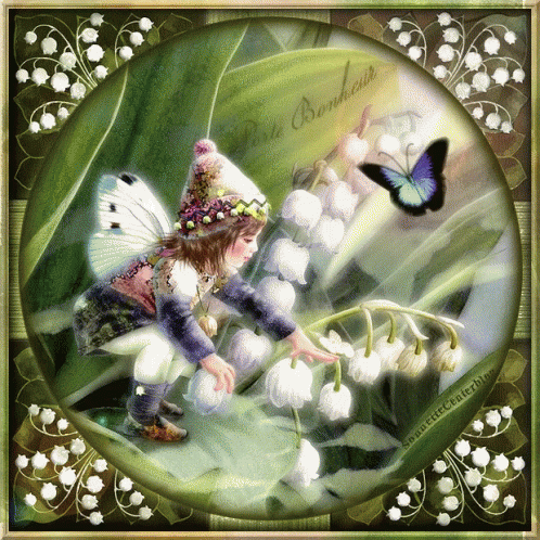 A Picture Of A Little Girl With A Butterfly And The Words " Petit Bonheur " GIF