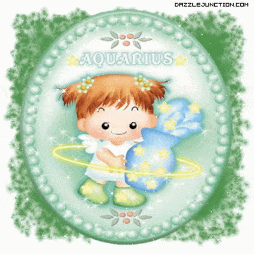 A Picture Of A Little Girl With The Sign Aquarius On It GIF