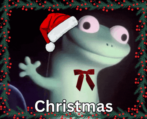 A Picture Of A Lizard Wearing A Santa Hat And The Word Christmas Below It GIF