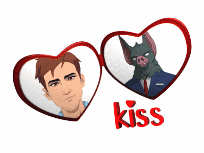 A Picture Of A Man And A Bat With The Word Kiss Underneath GIF