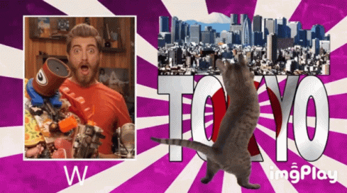 A Picture Of A Man And A Cat With Tokyo In The Background GIF