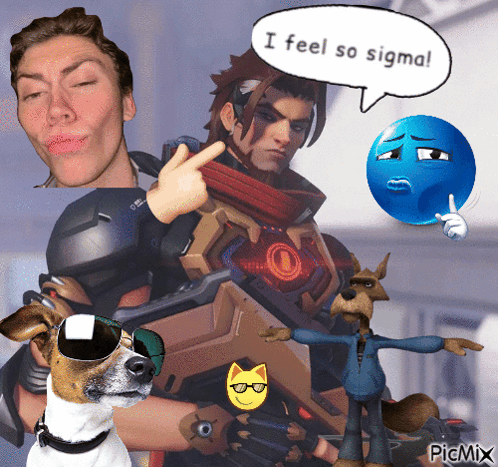 A Picture Of A Man And A Dog With A Speech Bubble That Says I Feel So Sigma GIF