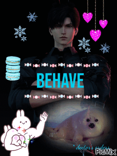 A Picture Of A Man And A Dog With The Word Behave In Blue GIF