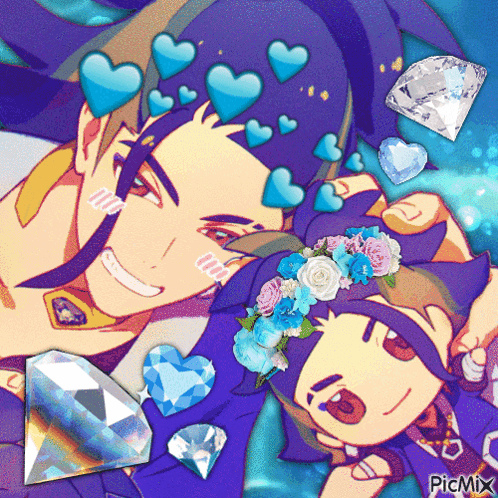 A Picture Of A Man And A Girl With Hearts On Their Faces And A Diamond In The Middle GIF