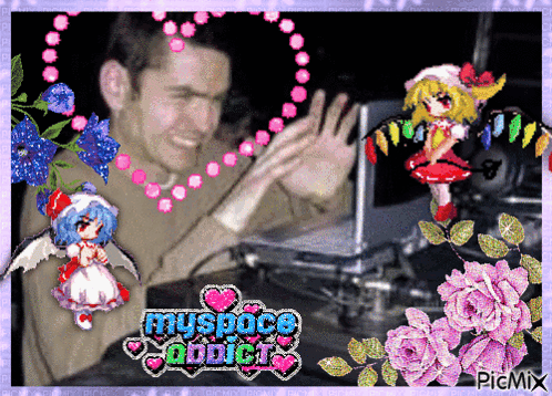 A Picture Of A Man And A Girl With The Words Myspace Addict GIF
