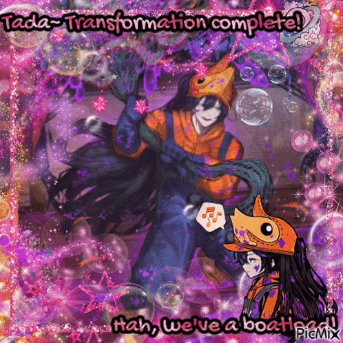 A Picture Of A Man And A Girl With The Words " Transformation Complete " At The Top GIF