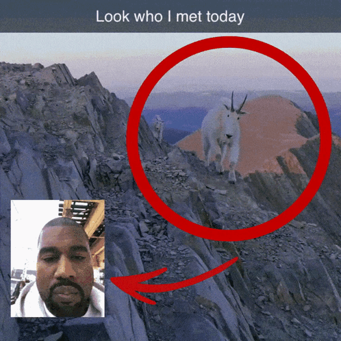A Picture Of A Man And A Goat On A Mountain With The Caption Look Who I Met Today GIF