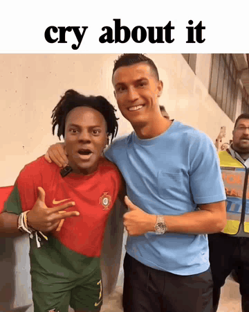 A Picture Of A Man And A Soccer Player With The Words Cry About It GIF