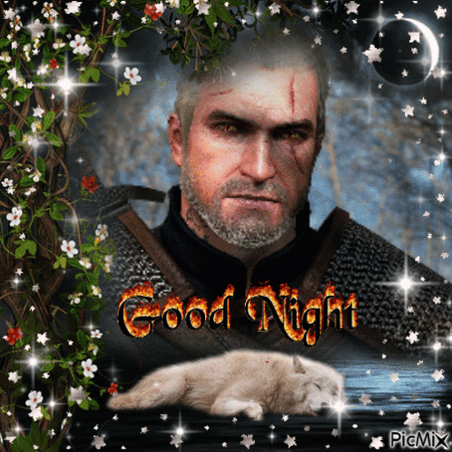 A Picture Of A Man And A Wolf With The Words Good Night On It GIF