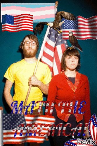 A Picture Of A Man And A Woman Holding An American Flag With The Words Might The American On It GIF