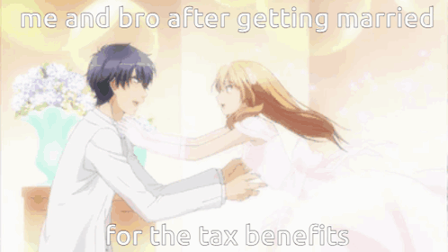 A Picture Of A Man And A Woman Hugging With The Caption " Me And Bro After Getting Married For The Tax Benefits " GIF