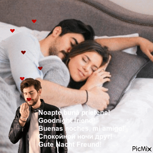 A Picture Of A Man And A Woman Hugging With The Caption " Noapte Buna Prietene Goodnight Friend " GIF