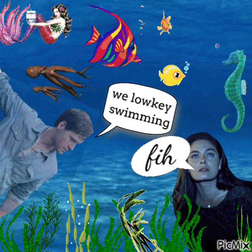 A Picture Of A Man And A Woman In The Water With A Speech Bubble That Says We Lowkey Swimming Fich GIF