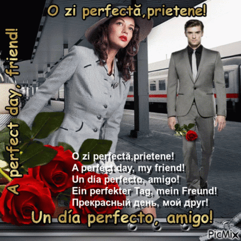 A Picture Of A Man And A Woman With Roses And The Words Perfect Day GIF