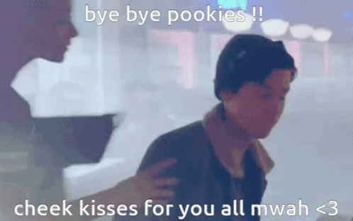 A Picture Of A Man And A Woman With The Caption Bye Bye Pookies !! Cheek Kisses For You All Mwah < 3 GIF