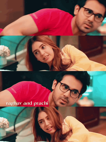 A Picture Of A Man And A Woman With The Words Raghav And Prachi On The Bottom GIF