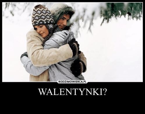 A Picture Of A Man And Woman Hugging In The Snow With The Words Walentynki On The Bottom GIF