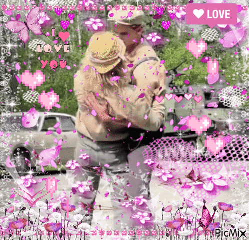 A Picture Of A Man And Woman Hugging Surrounded By Pink Flowers And Hearts With A Love Button GIF