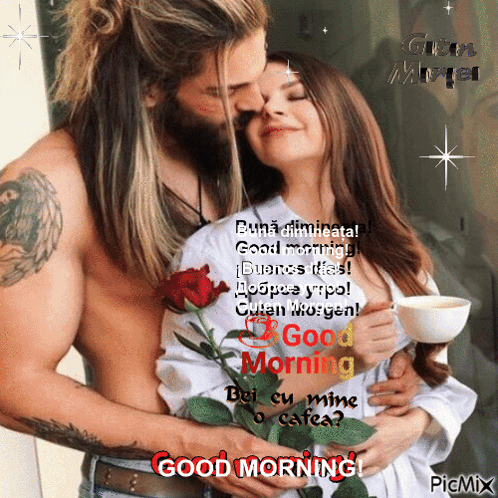 A Picture Of A Man And Woman Hugging With The Words Good Morning GIF