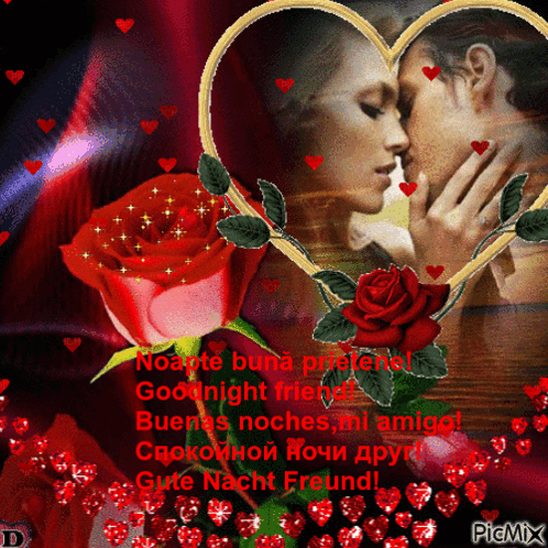 A Picture Of A Man And Woman Kissing In A Heart Shaped Frame With Roses And Hearts GIF