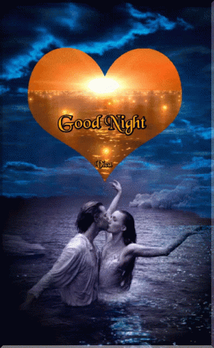 A Picture Of A Man And Woman Kissing In The Water With The Words Good Night GIF