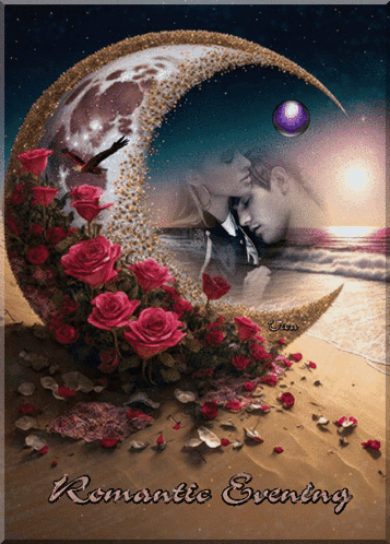 A Picture Of A Man And Woman Kissing Under A Crescent Moon With The Words Romantic Evening On The Bottom GIF