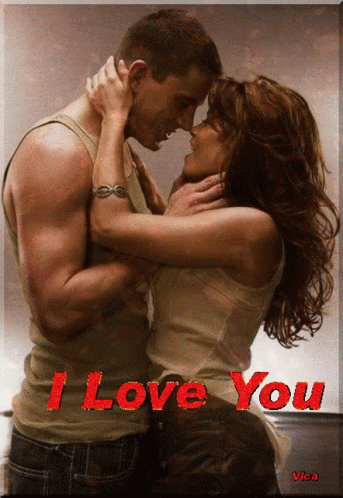 A Picture Of A Man And Woman Kissing With The Words " I Love You " In Red GIF