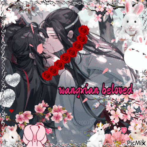 A Picture Of A Man And Woman Kissing With Wangxian Beloved Written On The Bottom GIF