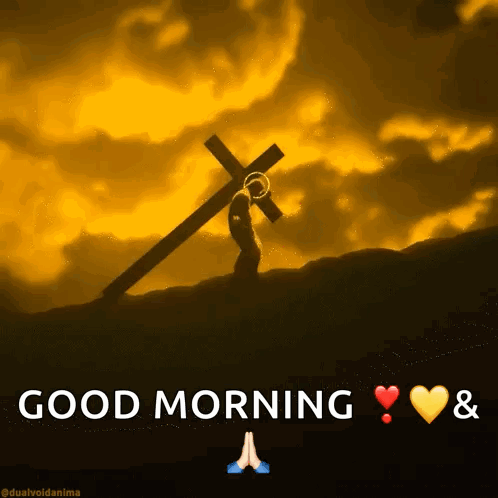 a picture of a man carrying a cross with the words good morning