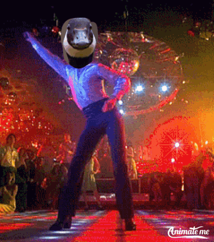 A Picture Of A Man Dancing With A Horse Head On His Head GIF
