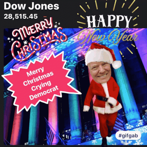 A Picture Of A Man Dressed As Santa Claus With The Words Merry Christmas Crying Democrat GIF