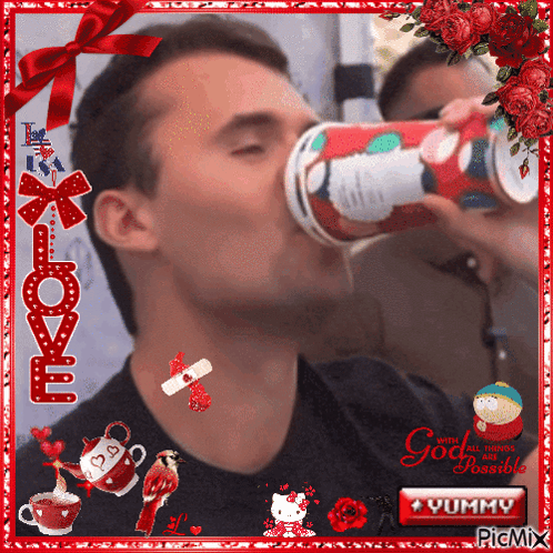 A Picture Of A Man Drinking From A Cup With The Words " God Is Possible " On The Bottom GIF