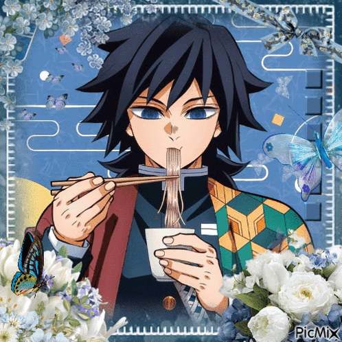 A Picture Of A Man Eating Noodles With Chopsticks With Flowers And Butterflies Around It GIF