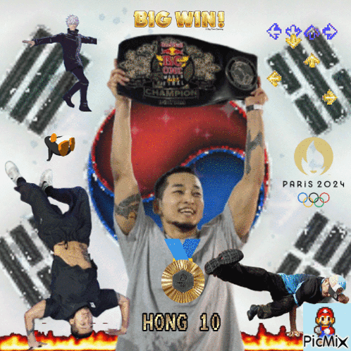 A Picture Of A Man Holding A Belt That Says Big Win On It GIF