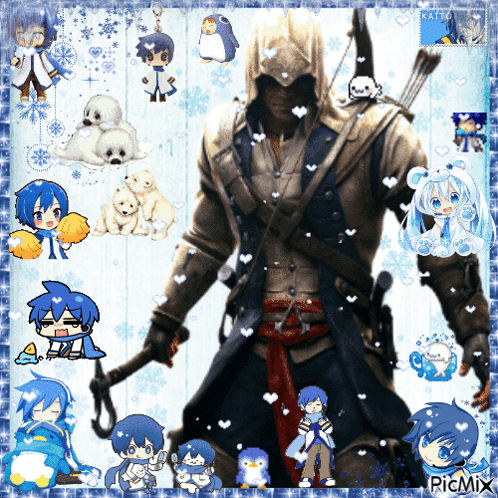 a picture of a man holding a bow and arrow is surrounded by anime characters and a picmix logo