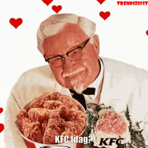 A Picture Of A Man Holding A Bucket Of Fried Chicken With The Words Kfc Idag GIF