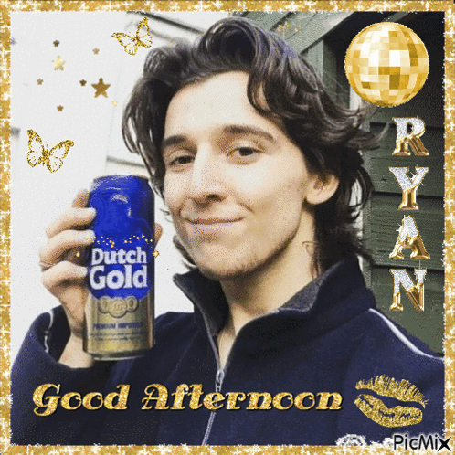 A Picture Of A Man Holding A Can Of Dutch Gold Says Good Afternoon GIF