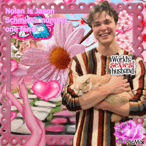 A Picture Of A Man Holding A Cat With The Caption Nolan Is Jason Schmidt 'S Number One Fan GIF