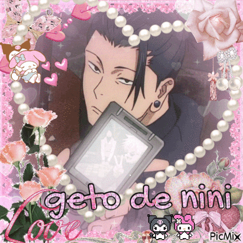 A Picture Of A Man Holding A Cell Phone With The Words " Geto De Nini " Written On It GIF