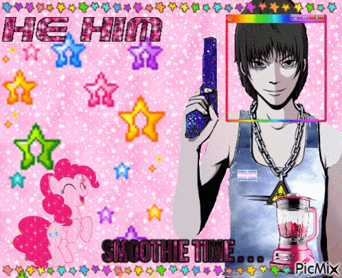 A Picture Of A Man Holding A Gun And A Blender With The Words He Him Smoothie Time On It GIF