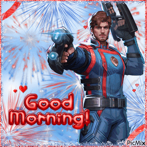 A Picture Of A Man Holding A Gun With The Words Good Morning On It GIF