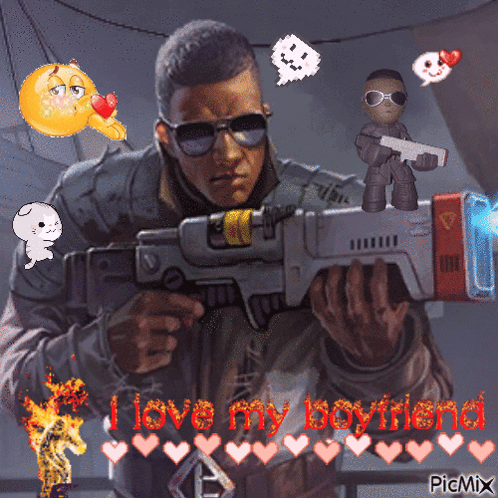 A Picture Of A Man Holding A Gun With The Words " I Love My Boyfriend " GIF