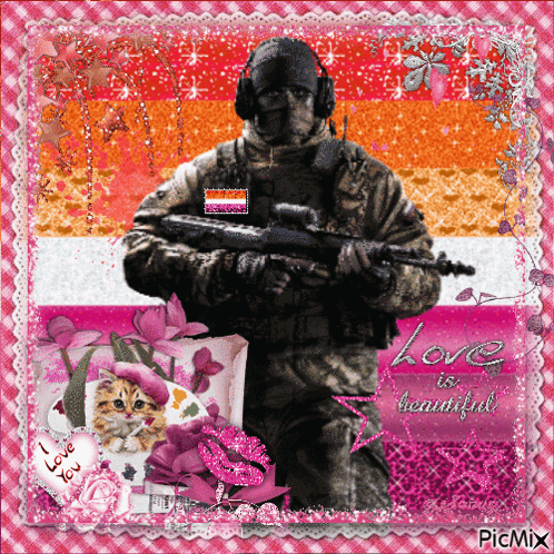 A Picture Of A Man Holding A Gun With The Words Love Is Beautiful GIF
